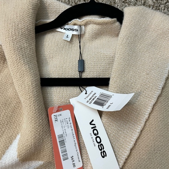 Vigoss Tan and White hooded, open front Star Cardigan NWT - Picture 4 of 7